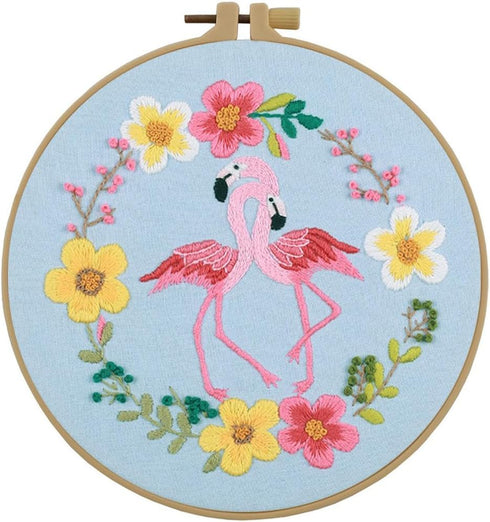 Esffaci Embroidery Starter Kit for Adult Beginner with Flamingos Love Flower Pattern Stamped Cross Stitch Set with Embroidery Cloth Hoop Needle Th...