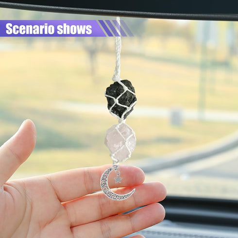 Hanging Car Charm, Crystal Car Hanging Ornament, Car Interior Rear View Mirror Charm, Dangling Moon & Healing Crystal Accessories, Handmade Car Re...