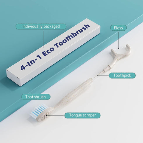 Travel Toothbrush Dental Floss Picks - 4 in 1 Biodegradable Disposable Toothbrushes with Tongue Scraper, Eco-Friendly Individually Wrapped Toothbr...