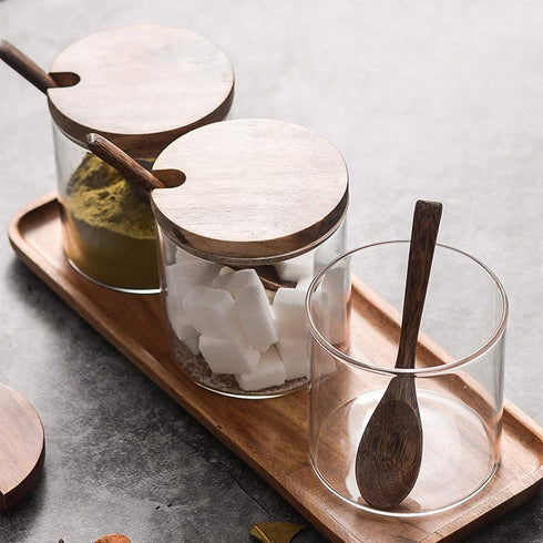 Hovico Condiment Container Seasoning Box Set, with Wooden Spoon Lid and Base, Salt Sugar Spice Pepper Condiment Container Jar Set of 3...