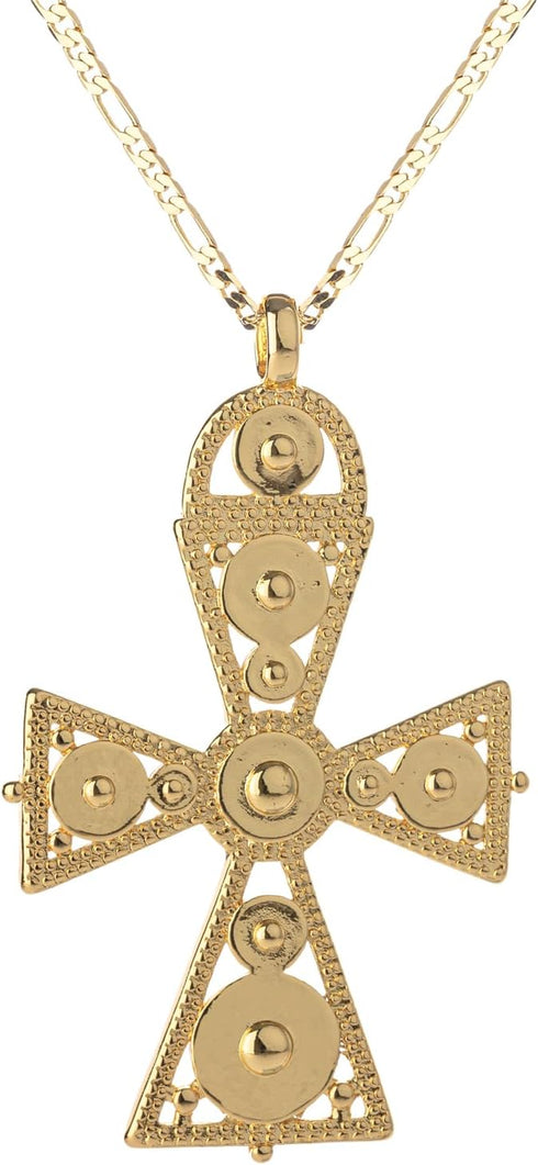 18K Gold Plated Large Ethiopian Eritrean Cross Pendant Necklace for Women Men Traditional Ornaments Habesha African Ethnic Jewelry | 3mm Figaro Ch...