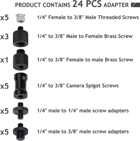 24 Pcs Camera Screw Adapter 1/4 to 1/4 and 1/4 to 3/8 Tripod Mount Converter Set for Camera Mount, Monopod, Ballhead, Flash Light Stand Frgyee...
