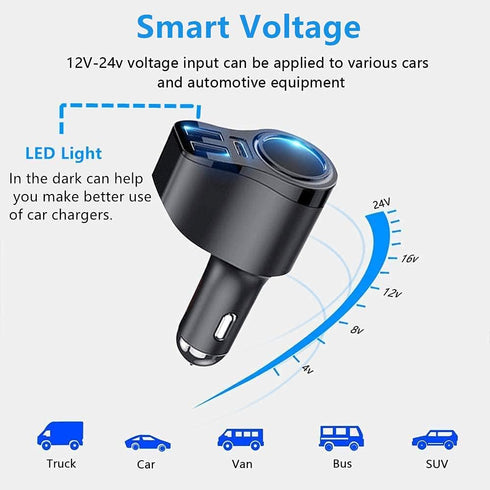 4 in 1 USB C Car Charger, 168W Multi USB Cigarette Lighter Adapter, Socket Splitter with 3 USB Ports, 12V/24V Dual USB Type C PD Fast Car Charger ...