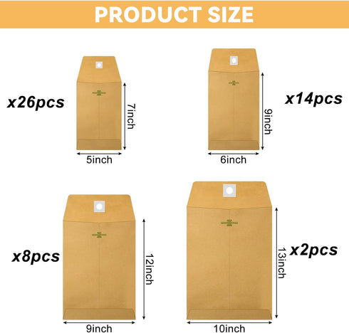 4 Sizes Clasp Envelopes Kraft Paper Catalog Clasp Envelope with Clasp Closure for Filing, Storing or Mailing Documents, 50 Pieces (Brown,5 x7 In,6...