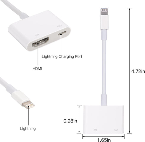 Lightning to HDMI Adapter with Lightning Digital AV Adapter 1080P, Lightning Charging Port White for Select iPhone iPad and iPod Models and HDTV M...