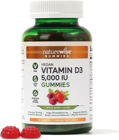 NatureWise Vitamin D3 5000 IU Gummies - Mixed Berry Flavor - Vitamin D Gummies for Adults, Immune Support Supplement, Muscle & Bone Strength - Veg...
