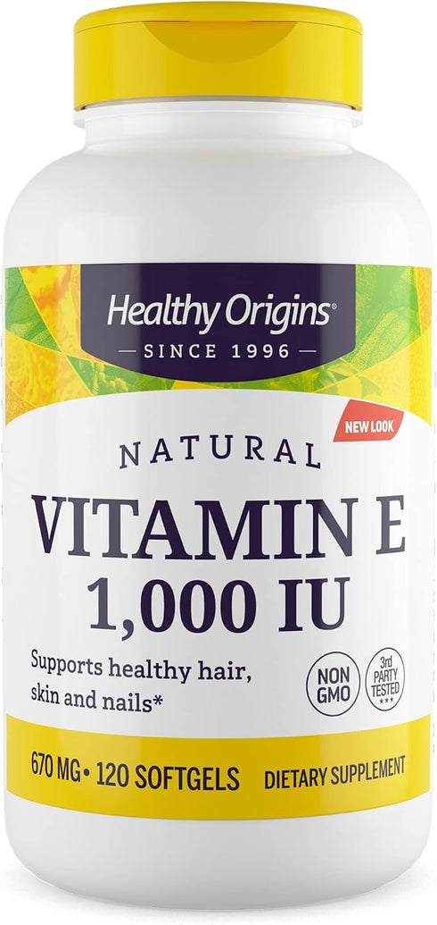 Healthy Origins Vitamin E, 1,000 IU (Natural) Mixed Tocopherols - Vitamin E Supplement - Gluten-Free & Non-GMO Skin, Hair & Nails Vitamin - 120 So...