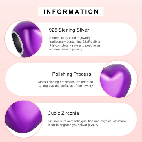 Purple Ribbon Color Heart Charms 925 Sterling Silver Bead for Bracelets...