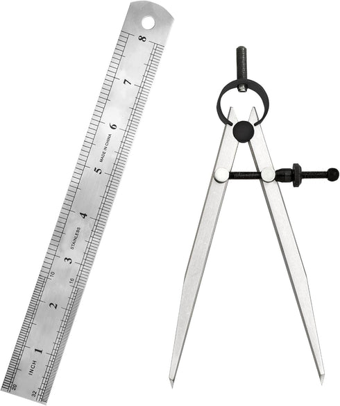 6 Inch Adjustable Lockable Steel Divider Wing Leather Compass with 8 Inch Stainless Steel Ruler?for Woodworking & Leather Craft, Marking & Scribe ...