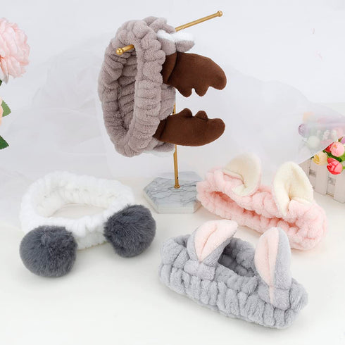 AHONEY Animals Ears Headbands, Cute Makeup Spa Fuzzy Skincare Headband for Washing Face Headband for Women Girls Coral Fleece Elastic Hair Band Co...