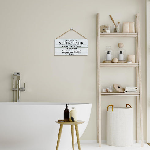 10 Inch by 5 Inch Decor Bathroom Door Hanging Wooden Signs, Rustic Bathroom Septic Tank Only Flush Toilet Paper Sign, Restroom Decor Wall Art Sign...