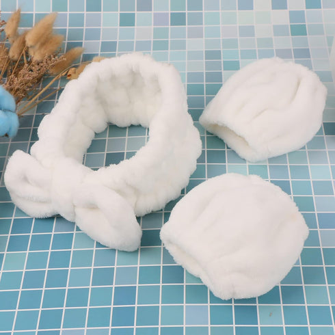 3 Pack Spa Headband and Wrist Washband Face Wash Set,Reusable Soft Makeup Headband Fleece Skincare Headbands for Washing Face Shower (Loose White)...