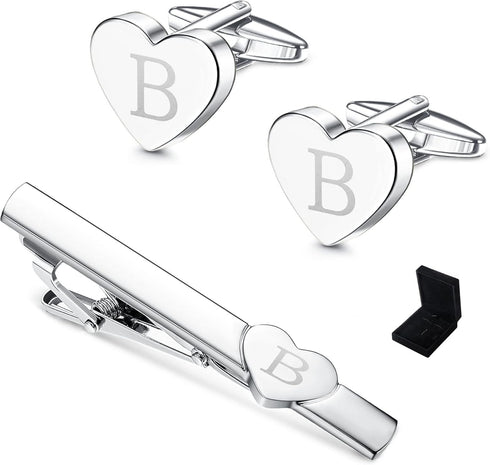 Sanfenly Cufflinks and Tie Clip for Men Set, Unique Heart Initial Cuff Links and Tie Bar Clip Personalized Alphabet Letter A-Z Cuff Links/Tie Clip...