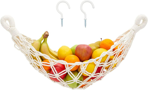 Okuna Outpost Macrame Hanging Fruit Basket Hammock for Kitchen - 6 x 25 x 15 in - White Cotton Modern - Under-Cabinet Storage with 2 Hooks for Ban...