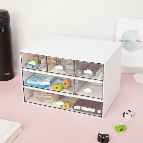 LETURE Stackable Desk Organizer, Plastic Storage Drawer for Office School Home Makeup, Pen Pencils Markers Stationery Supplies Organizers (White -...