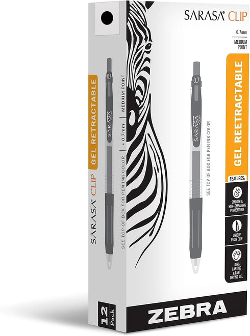 Zebra Pen Sarasa Clip Retractable Gel Pen, Medium Point, 0.7mm, Black Ink, 12-Pack...