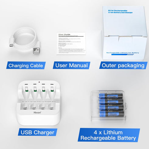 Hixon 1.5V AAA Rechargeable Lithium Batteries,4-Pack 1100mWh Pre-Charged Triple AAA Li-ion Battery & 1H Ultra Fast Charger for Home and Office Dev...