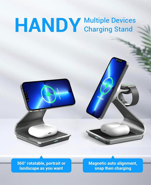 3 in 1 Wireless Charger for MagSafe, Aluminum Alloy Wireless Charging Station, Compatible with iPhone 14/13/12, Apple Watch, AirPods Pro/3/2 (Cabl...