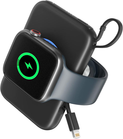 Portable Wireless Charger for Apple Watch 9/8/Ultra//4/37/6/5/2/SE, 5000mAh Magnetic iWatch Charger Power Bank with Built in Cable - Travel for Al...