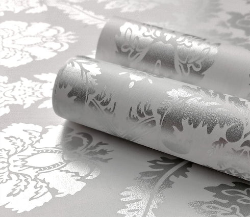 8359 Silver Damask Peel and Stick Wallpaper 17.7 in × 9.8ft Removable Self Adhesive Contact Paper Vinyl Film for Furniture Renovation and Home Dec...