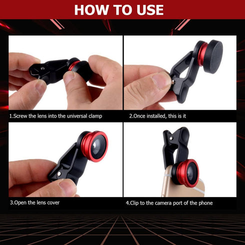 3 in 1 Phone Camera Lens Kit Camera Lens with Clip Fisheye Lens Wide Angle Lens and Macro Lens for Smartphones iPhone, Andorid (Red)...