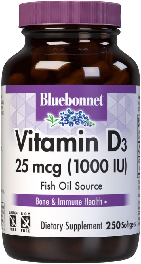 Bluebonnet Nutrition Vitamin D3 1000 IU Softgels, Aids in Muscle and Skeletal Growth, Cholecalciferol from Fish Oil, Non GMO, Gluten Free, Soy Fre...