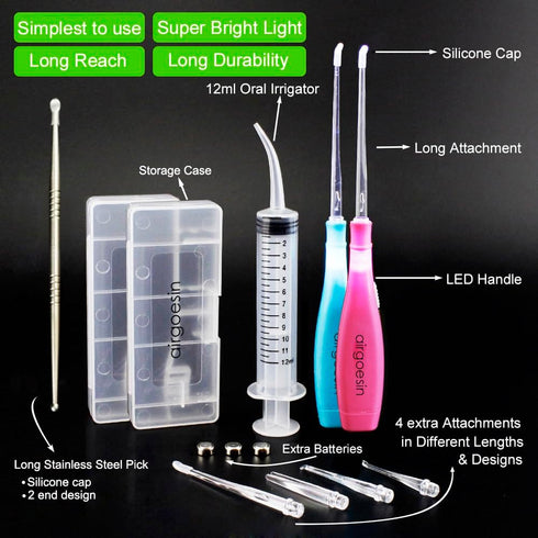 Airgoesin™ 6.75 inch Tonsil Stone Remover LED Tool Kit - 2 Sets, Oral Irrigation Syringe & Stainless Steel Pick, Tonsil Stone Removal Kit for Brea...