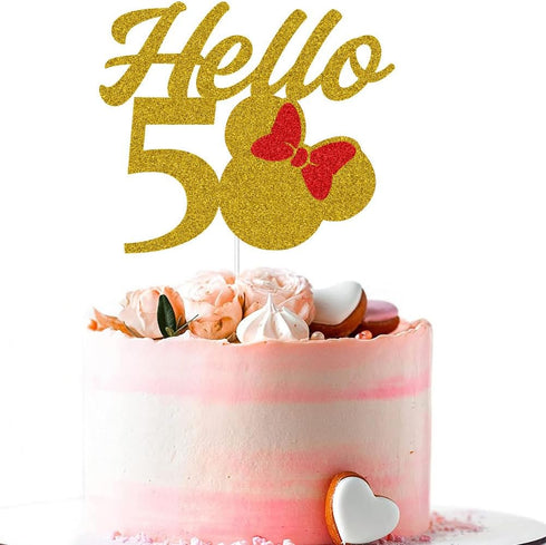 Mouse Inspired Hello 50 Cake Topper for 50th Birthday/Wedding Anniversary Party Decorations Supplies Gold and Red Glitter...