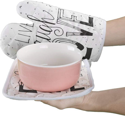 Set of Oven Mitt and Pot Holder Live Laugh Love Quote Oven Gloves Heat Resistance Non-Slip Surface for Kitchen BBQ Cooking Baking Grilling,Black W...