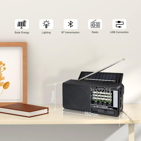 Portable FM/AM/SW Radio, Build-in Bluetooth Speaker, Powered by Rechargeable Battery with Solar Panel for Charging, Emergency LED light, Stretch A...
