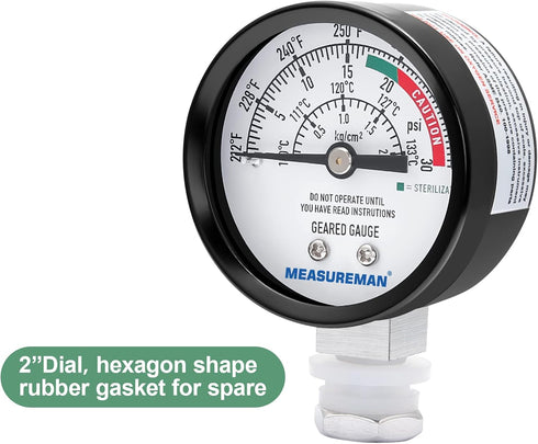 MEASUREMAN Black Steel Pressure Cooker Gauge, Pressure Canner Gauge, Steam Pressure Gauge, 2" Dial, Lower Mount, Including Hexagon Gasket and Nut...