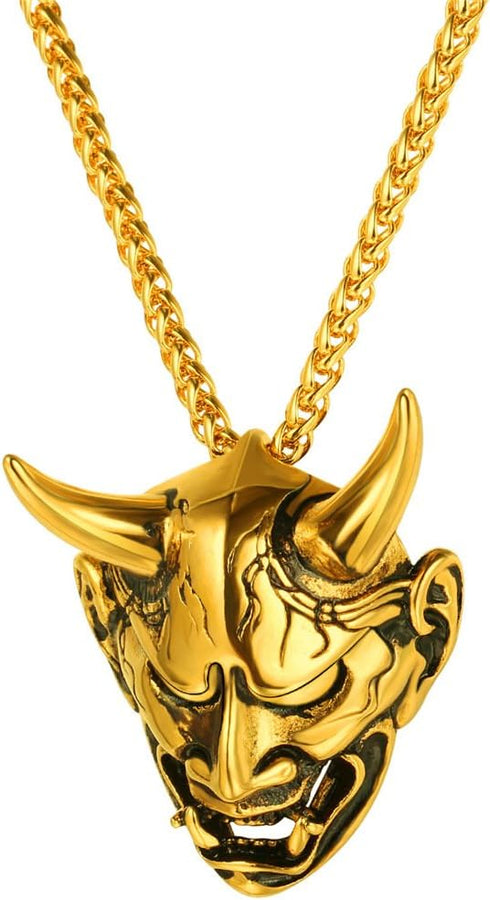 U7 Hannya Mask Necklace, Mens Gothic Punk Pendant, Stainless Steel Silver Black Personalized Evil Demon Horn Jewelry Oni Necklaces with 22 Inch Ch...