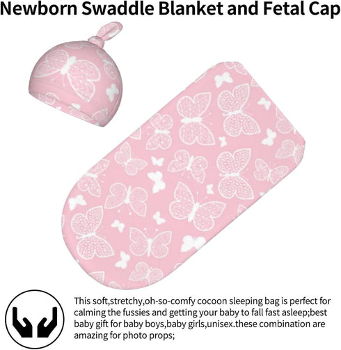 Pink Butterfly Butterflies Newborn Swaddle Blanket Baby Swaddle Blankets Wrap Blanket Soft Stretchy Sack with Beanie Hat Sets Gift for Infant Boy ...