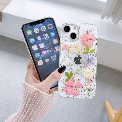 Abbery Designed for iPhone 14 Plus Case Sparkly Pink Flower Design Cute Clear Glitter Soft Silicone Real Dried Pressed Floral Aesthetic Phone Cove...