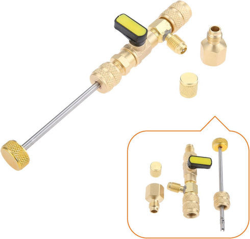 R410A R22 Valve Core Remover Installer Tool with Dual Size SAE 1/4 & 5/16 Port & Brass Adapter, Valve Core Removal Tool for R410 R32 R22 R12 R407 ...