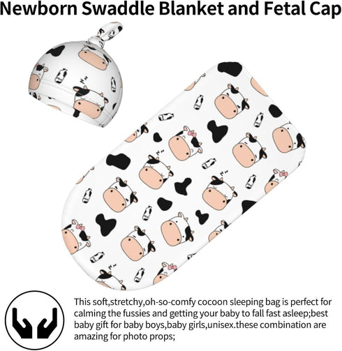 Cute Cow Print Swaddle Blanket Hat Set for Boys Girls, Soft Cow Newborn Sleeping Sack Receiving Blanket Shower Gift...