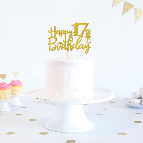 Gold Glitter Happy 17th Birthday Cake Topper - 17 Cake Topper - 17th Birthday Party Supplies - 17th Birthday Party Decorations...