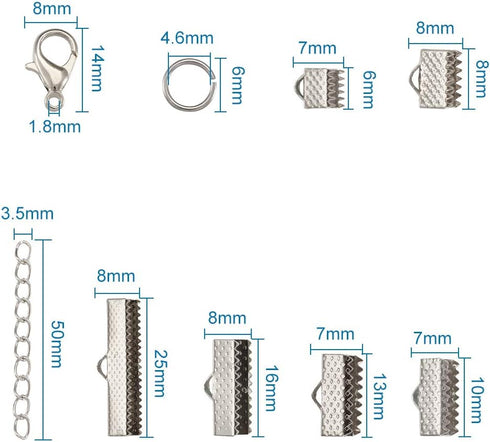 Craftdady Ribbon Ends 500Pcs Bookmark Pinch Crimp Clamp Cord Ends Kit 6 Sizes Textured Fastener Clasps with Twist Extender Chains Lobster Clasps O...