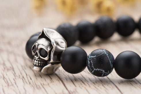 Death Skull Charm with Black Matte Onyx and Lava Stone 8mm Beads Stretch Bracelet, Lava Rock Aromatherapy Essential Oil Diffuser Bracelet for Stre...