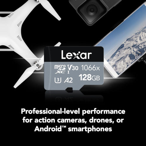Lexar 128GB Professional 1066x micro SD Card w/ SD Adapter, UHS-I, U3, V30, A2, Full HD, 4K, Up To 160/120 MB/s, for Action Cameras, Drones, Smart...
