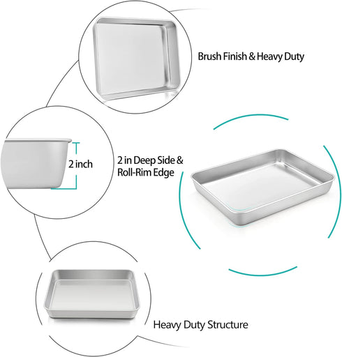 TeamFar Lasagna Pan, 12.3’’ x 9.75’’ x 2’’, Stainless Steel Rectangular Cake Brownie Casserole Pan For Roasting Baking, Healthy & Heavy Duty, Brus...