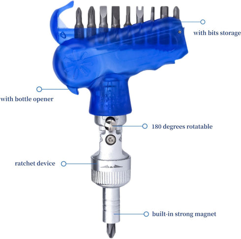 10 IN 1 Ratcheting Multi-Bit Screwdriver Set Magnetic, Adjustable, S2 Steel, Professional Repair Tool Kit with Adjustable Shaft (Blue)...