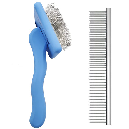 Slicker Brush for Dogs & Pet Comb Value Kit,50% Wider Large Dog Slicker Brush for Long Haired Dogs and Cats with Ergonomic Solid Wooden Handle,Lon...