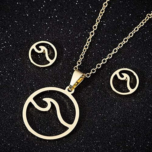 Simple Stainless Steel Round Ocean Wave Stud Earrings Sea Wave Pendant necklace Set Beach Jewelry for Surfer Gift...