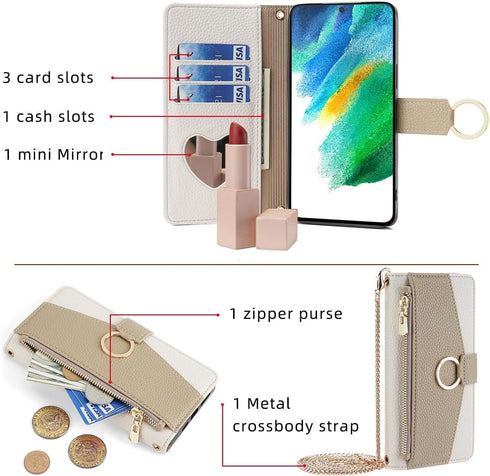 Asuwish Phone Case for Samsung Galaxy S21 FE 5G Wallet Cover with Screen Protector and Mirror Flip Cover Ring Card Holder Crossbody Strap Stand Ce...
