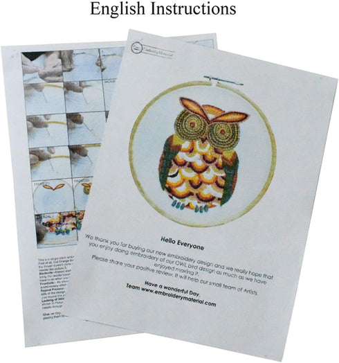 Embroiderymaterial Hand Embroidery Tutorial DIY Kit OWL Bird Design Full Kit, All Materials Included....