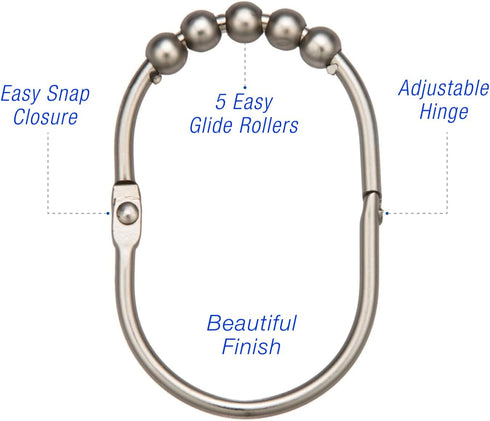 2 Lb. Depot Wide Shower Curtain Rings - Set of 12 Easy Glide Rollers with Polished Nickel Finish - Stainless Steel Shower Hooks for Straight and C...
