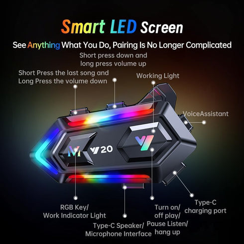 Motorcycle Helmet Bluetooth Headset, Cool RGB Dazzling Lights Motorbike Helmet Speaker Double Noise Cancellation Intercom Communication Systems wi...