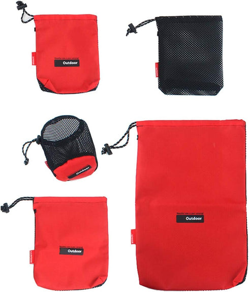 Drawstring Bags Pouch/Ditty Bag/Mesh Stuff Sack Camping Cord Bag Storage 5-in-1 Travel Use Nylon 5 Pieces (Red)...