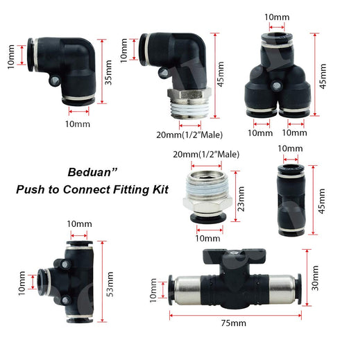 Beduan Pneumatic Push to Connect Fittings Kit Air Line Quick Fittings 2 PL+2 Elbow+2 Tee+2 Y Type+1 Union Ball Valve +2 Male Straight+2 Male Elbow...